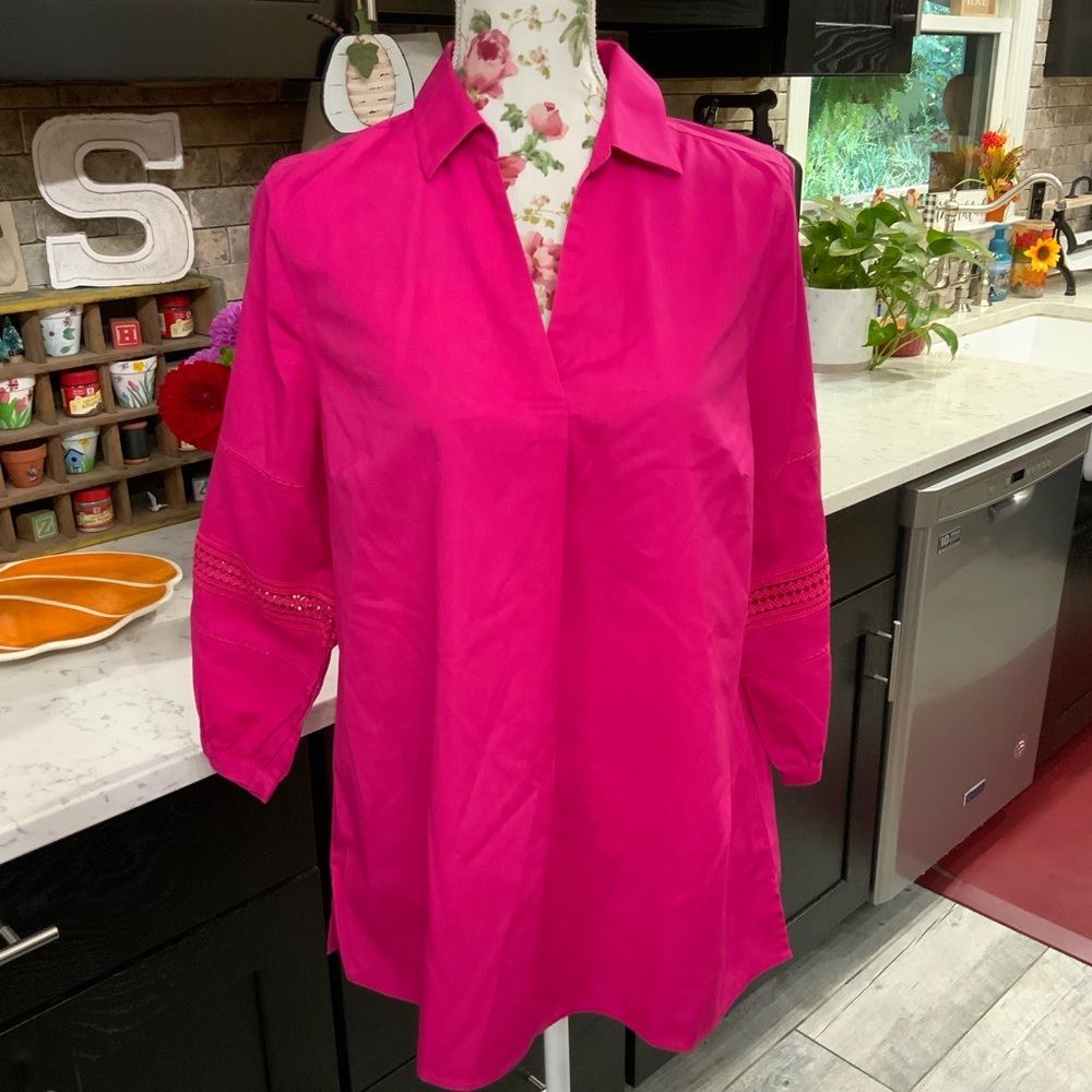 Chico’s Blouse Size S No Iron Cotton Blend Popover Pink 3/4 Sleeve Embroidered